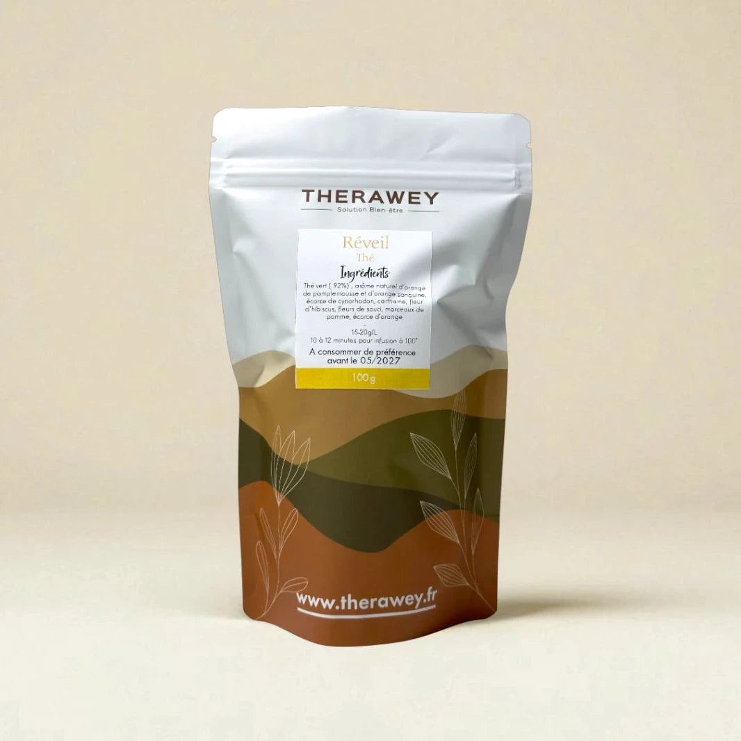 Thé Réveil bio Therawey 100g, infusion tonifiante au thé vert et agrumes, énergie et vitalité naturelle.