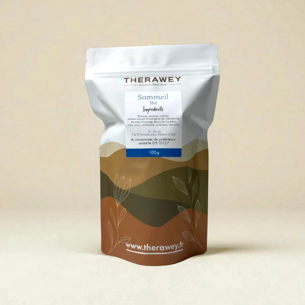 Thé Sommeil bio Therawey 100g, infusion apaisante pomme, verveine, réglisse et camomille pour favoriser l’endormissement.