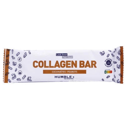 Barre protéinée Collagen Bar saveur cacahuètes HUMBLE+, riche en collagène et protéines, encas sain.