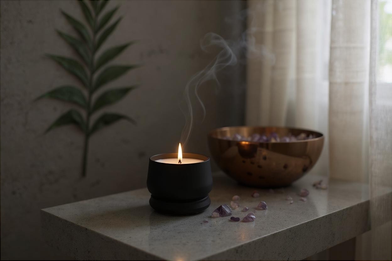 Bougie améthyste sans pierres – cire parfumée senteur améthyste pour ambiance apaisante.