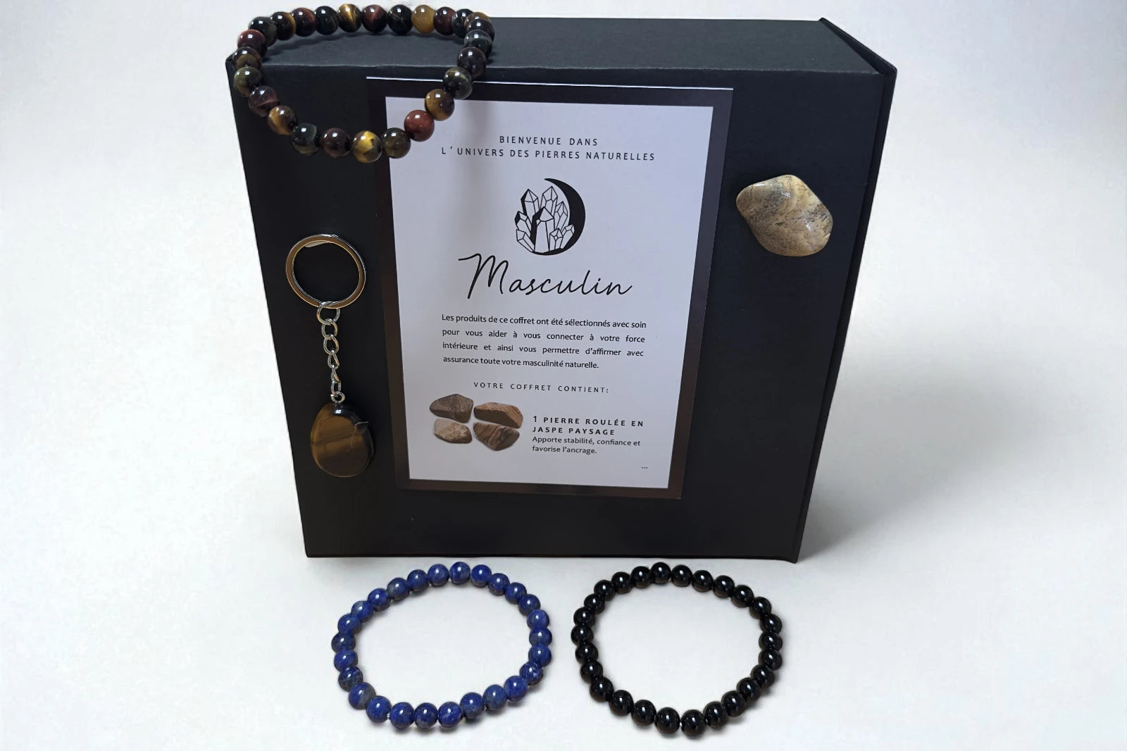 Coffret masculin bien-être avec bracelets en pierres naturelles, porte-clés œil de tigre et pierre roulée, favorisant ancrage, confiance et énergie positive.