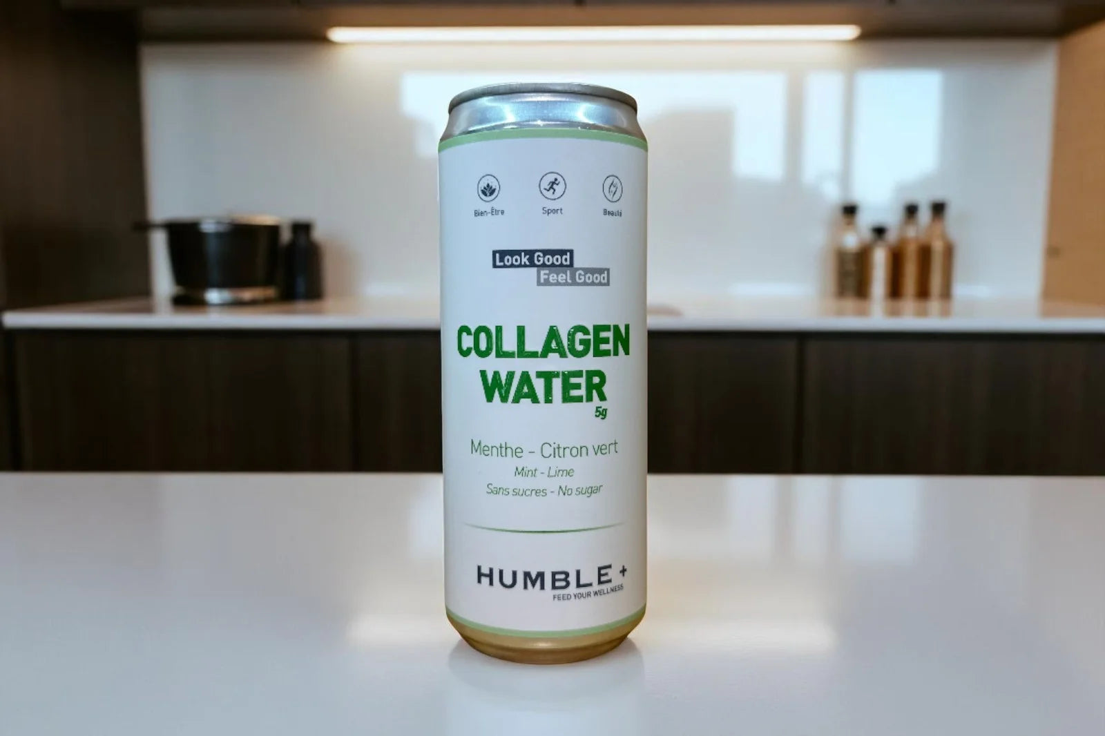 Boisson Collagen Water saveur menthe citron vert, sans sucre, enrichie en 5g de collagène, idéale pour le bien-être, la beauté et le sport.
