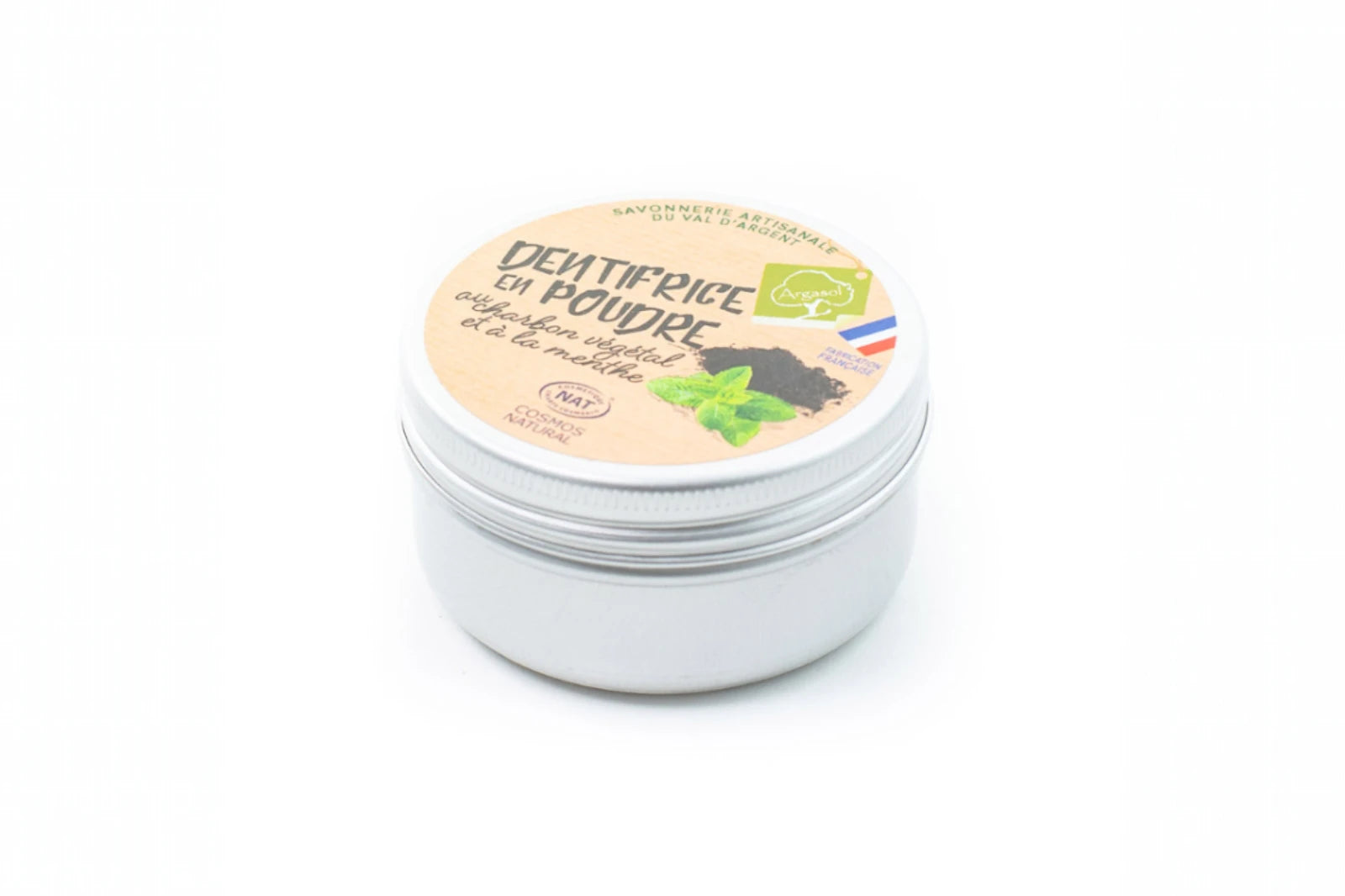 Dentifrice en poudre au charbon végétal et à la menthe, soin dentaire naturel bio zéro déchet.