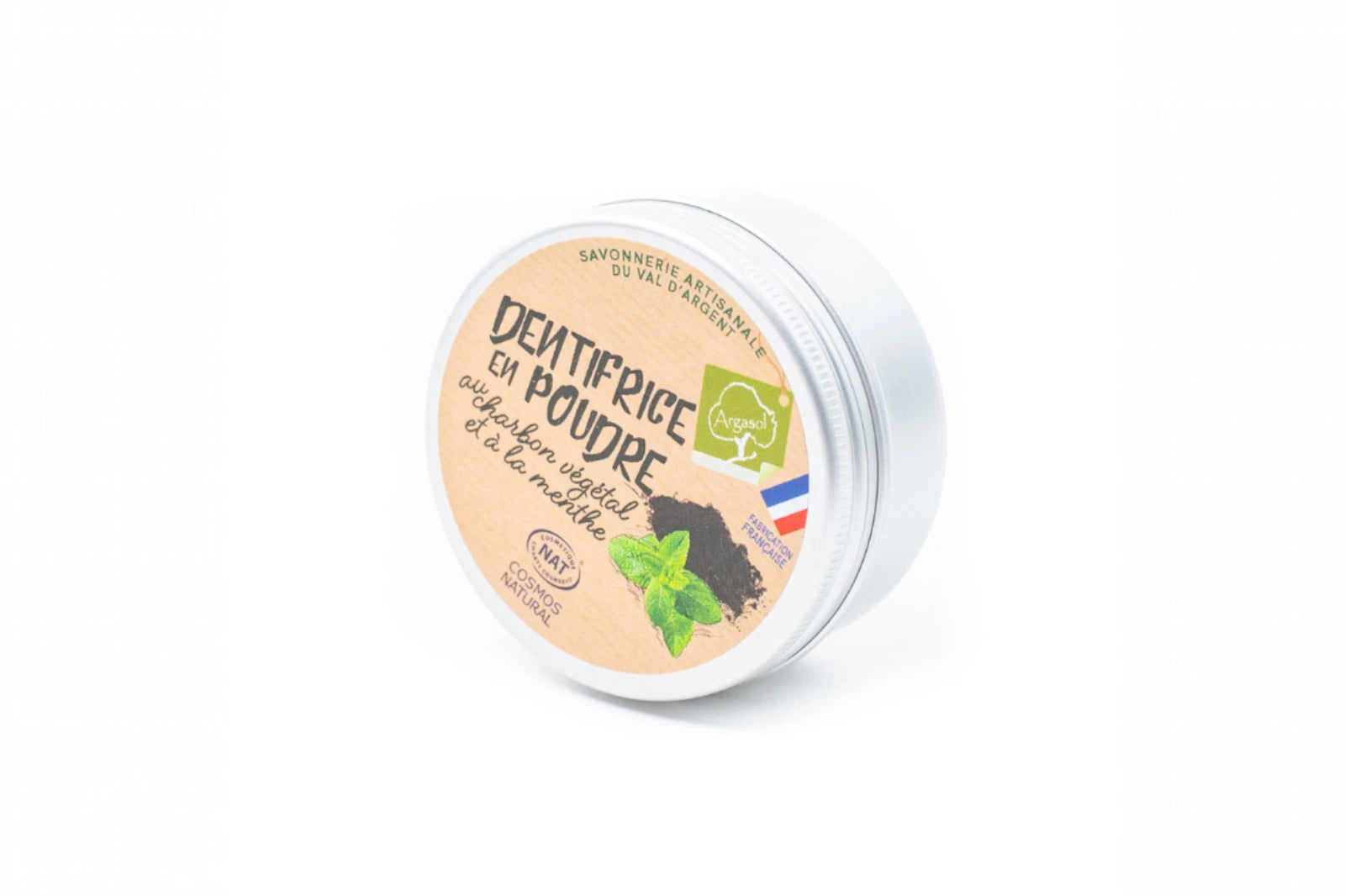 Boîte fermée de dentifrice en poudre naturel au charbon végétal et à la menthe – soin dentaire écologique fabriqué en France