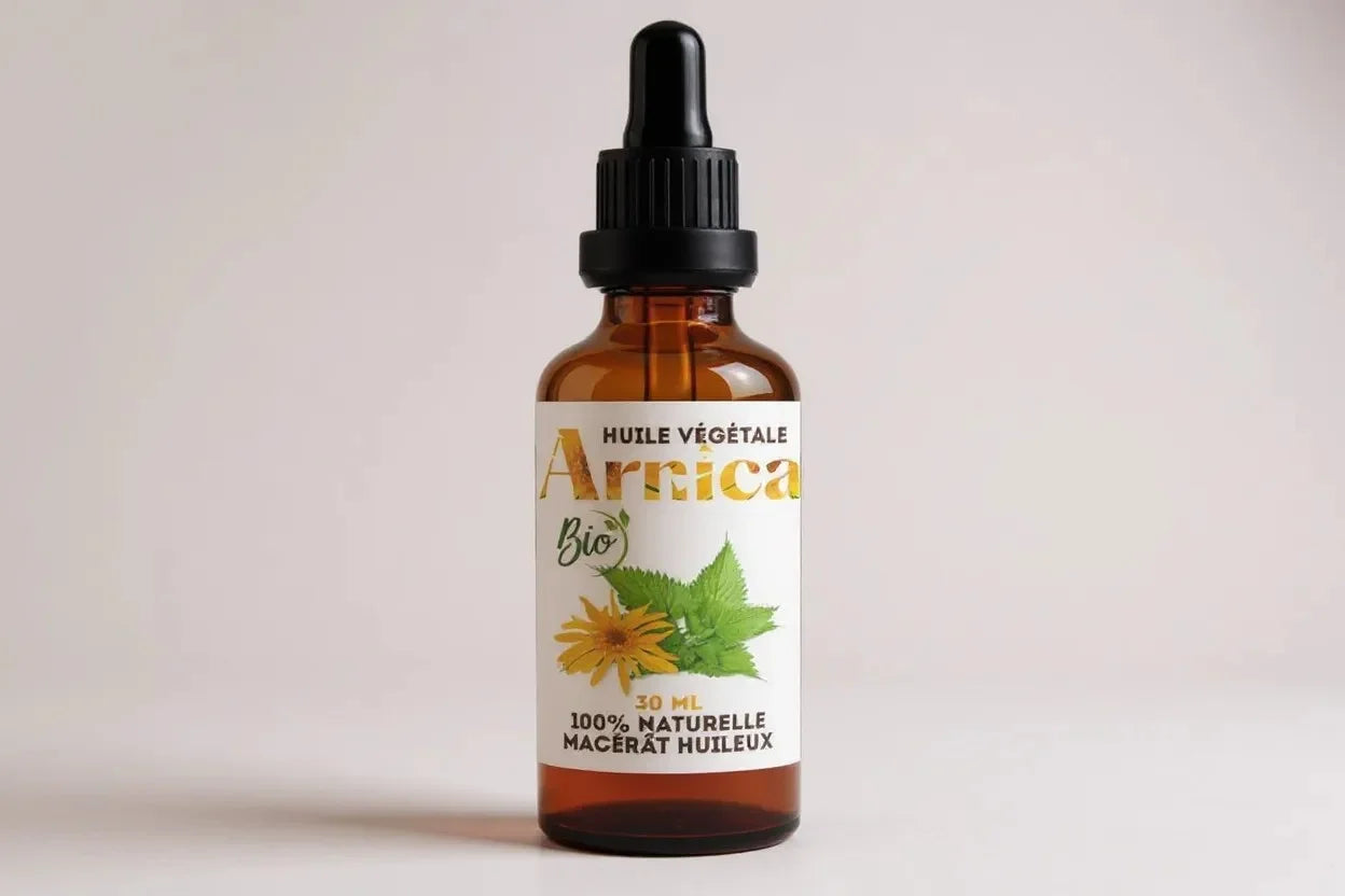 Huile d’arnica bio 100% naturelle macérat huileux, flacon compte-gouttes 30 ml idéale pour apaiser les muscles, soulager les tensions et favoriser la récupération.
