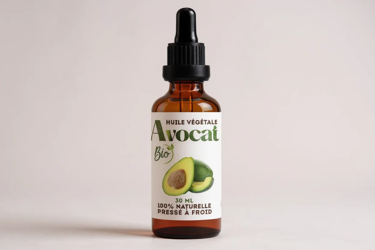 Huile d’avocat bio 100% naturelle pressée à froid, flacon compte-gouttes 30 ml idéale pour nourrir la peau, les cheveux et renforcer les ongles.