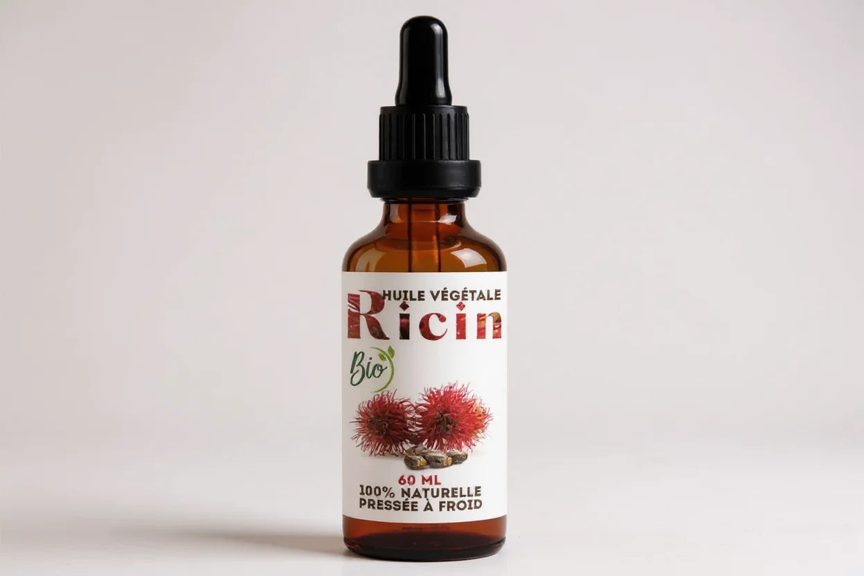Huile de ricin bio 100% naturelle pressée à froid, flacon compte-gouttes 60 ml pour le soin des cheveux, cils, ongles et peau.