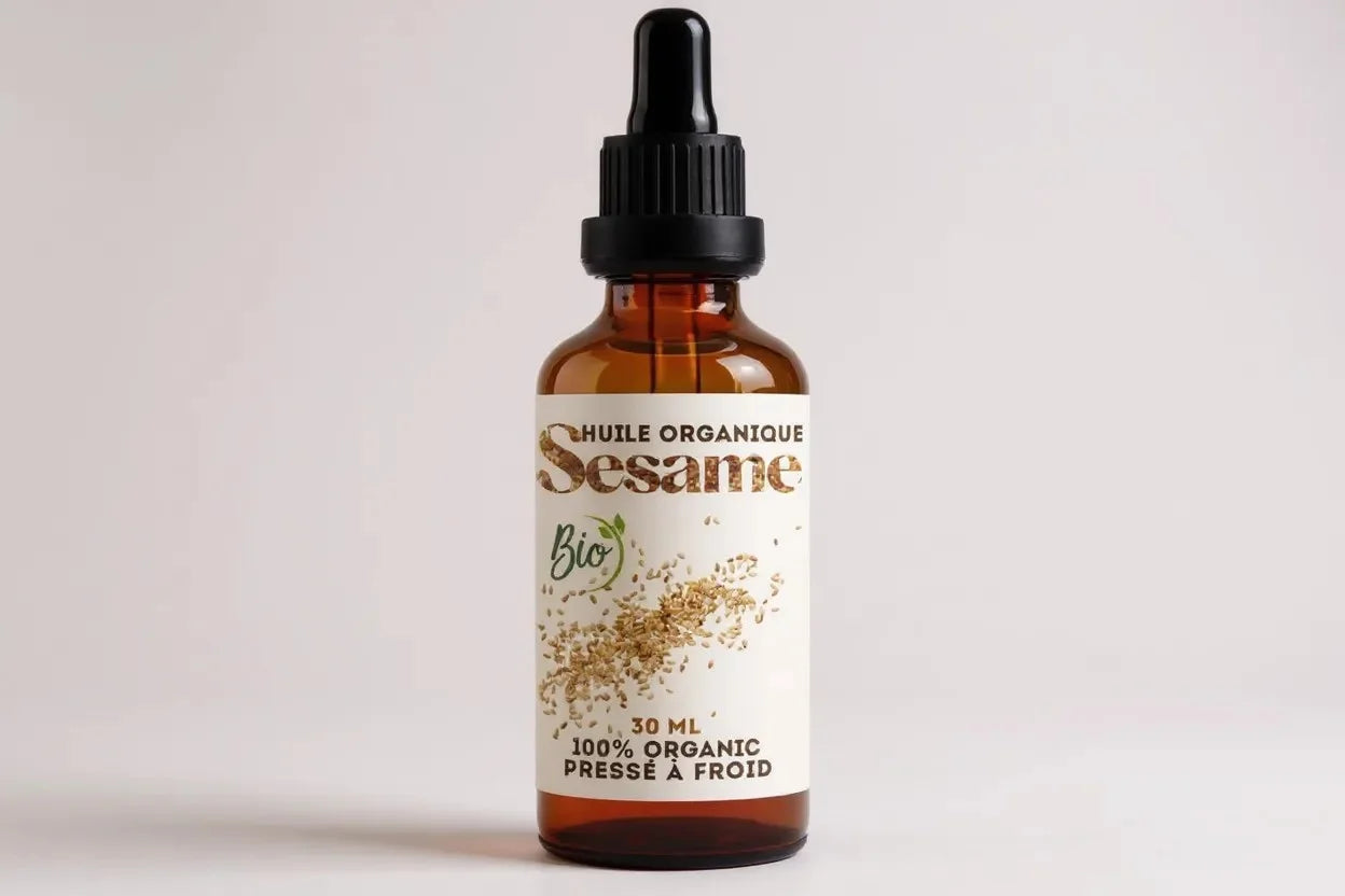 Huile de sésame bio 100% naturelle pressée à froid, flacon compte-gouttes 30 ml idéale pour nourrir la peau, protéger les cheveux et massages bien-être.