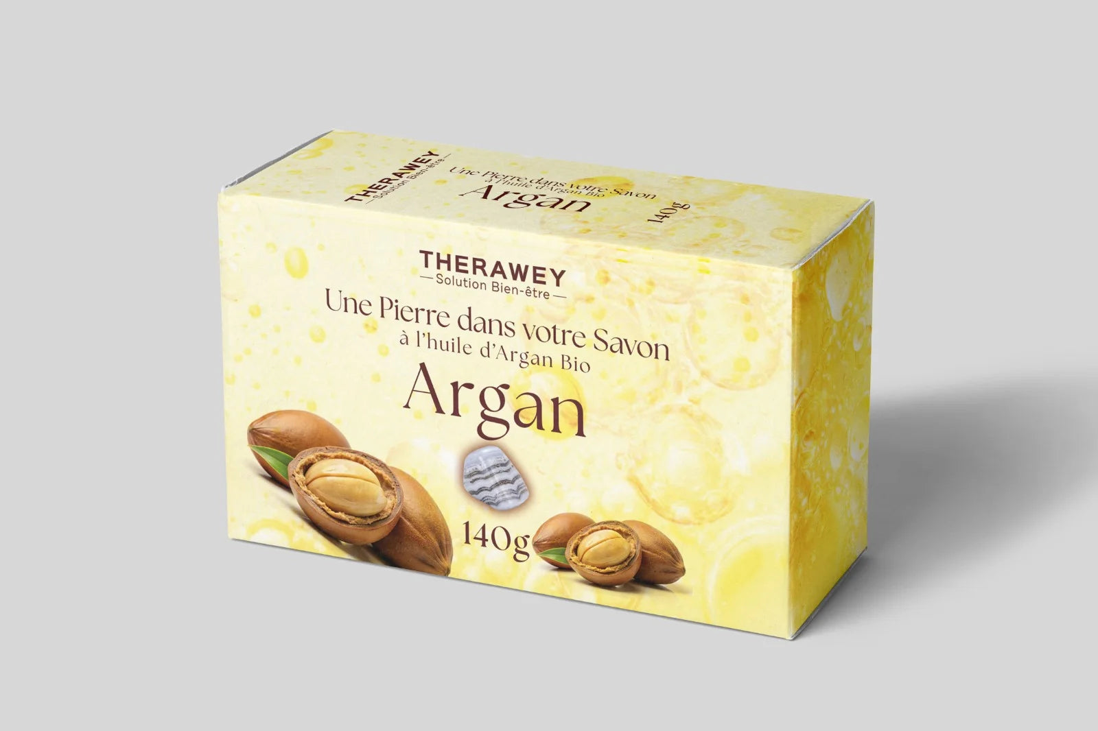 Savon à l’huile d’argan bio avec pierre naturelle intégrée, 140 g, soin hydratant et nourrissant pour une peau douce et régénérée.
