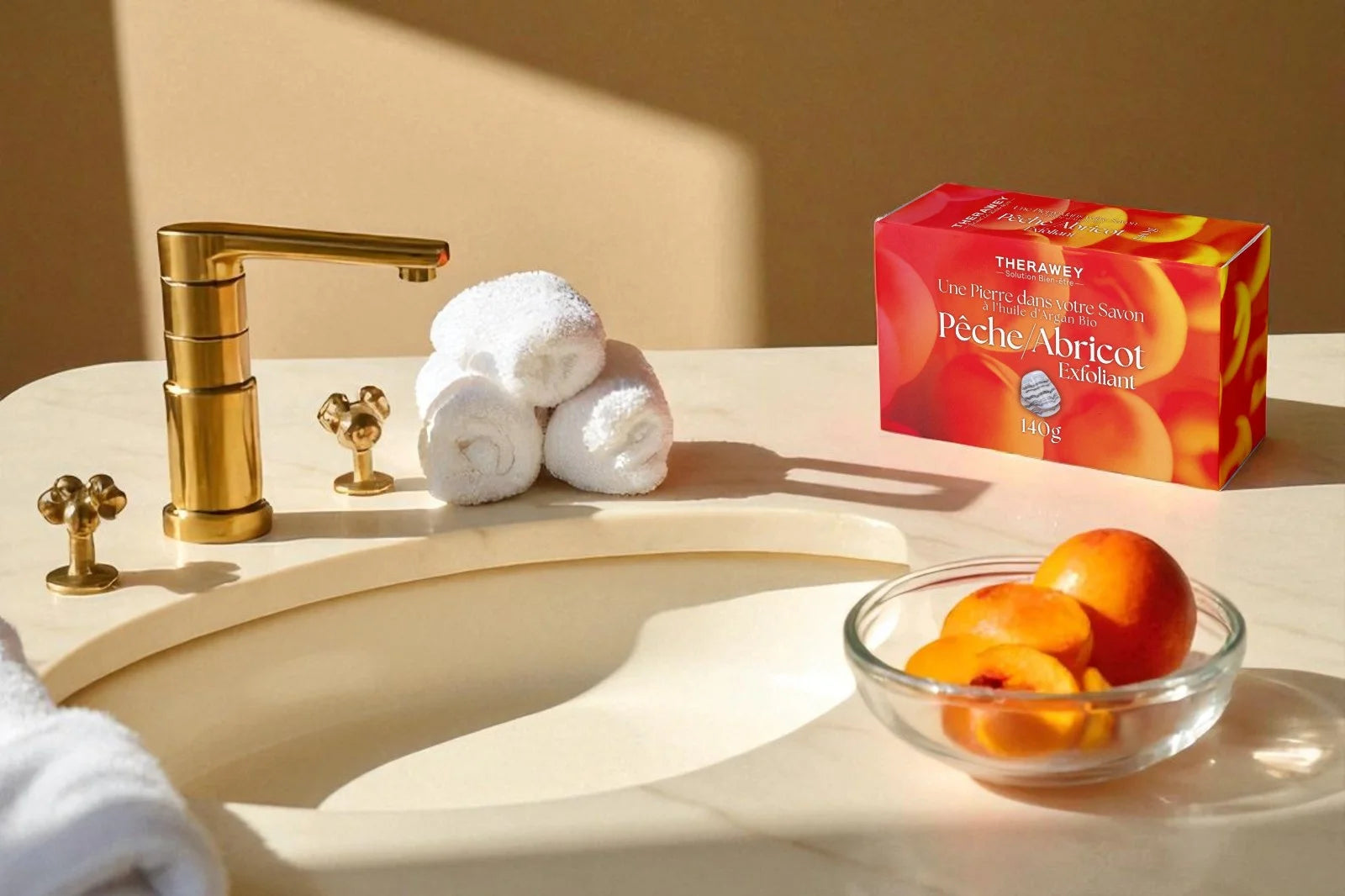 Savon exfoliant pêche abricot à l’huile d’argan bio avec pierre naturelle intégrée, 140 g, nettoyant doux et fruité pour une peau lisse et revitalisée.