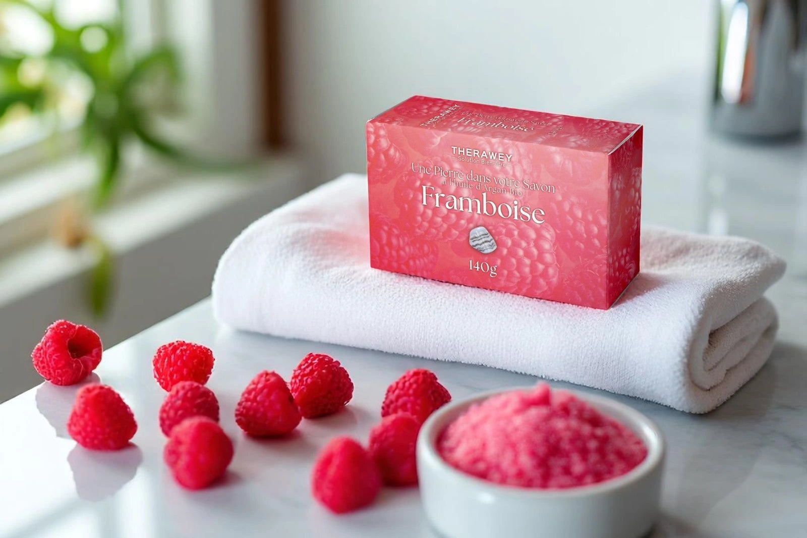 Savon artisanal framboise à l’huile d’argan bio avec pierre naturelle intégrée, 140 g, hydratant et revitalisant pour une peau douce et parfumée.