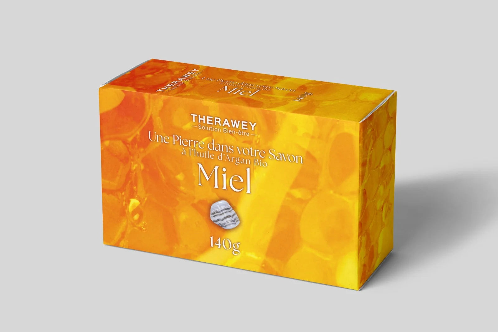 Savon miel bio à l’huile d’argan avec pierre naturelle intégrée, 140 g, hydratant, apaisant et nourrissant pour la peau.