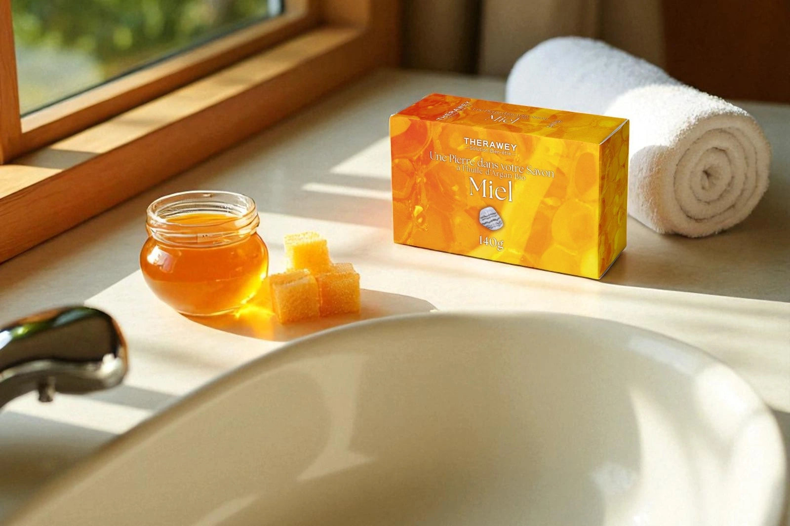 Savon artisanal miel à l’huile d’argan bio avec pierre naturelle intégrée, 140 g, nourrissant et hydratant pour une peau douce et protégée.