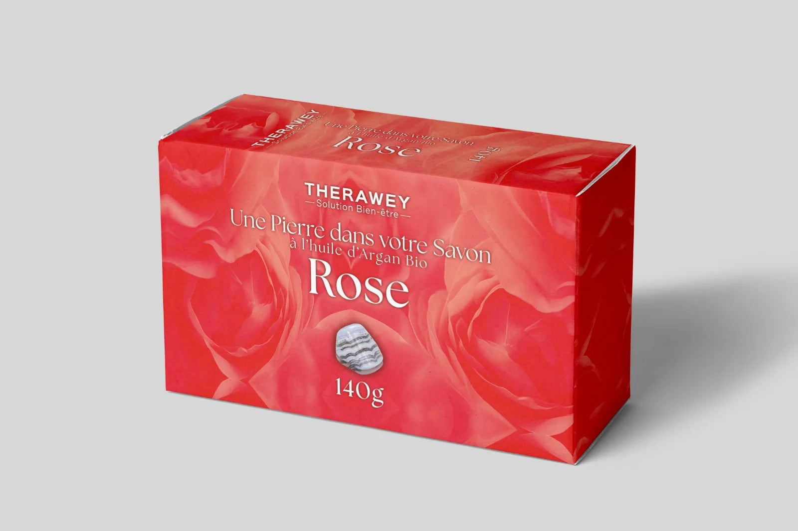 Savon rose bio à l’huile d’argan avec pierre naturelle intégrée, 140 g, soin doux, raffermissant et revitalisant pour la peau.