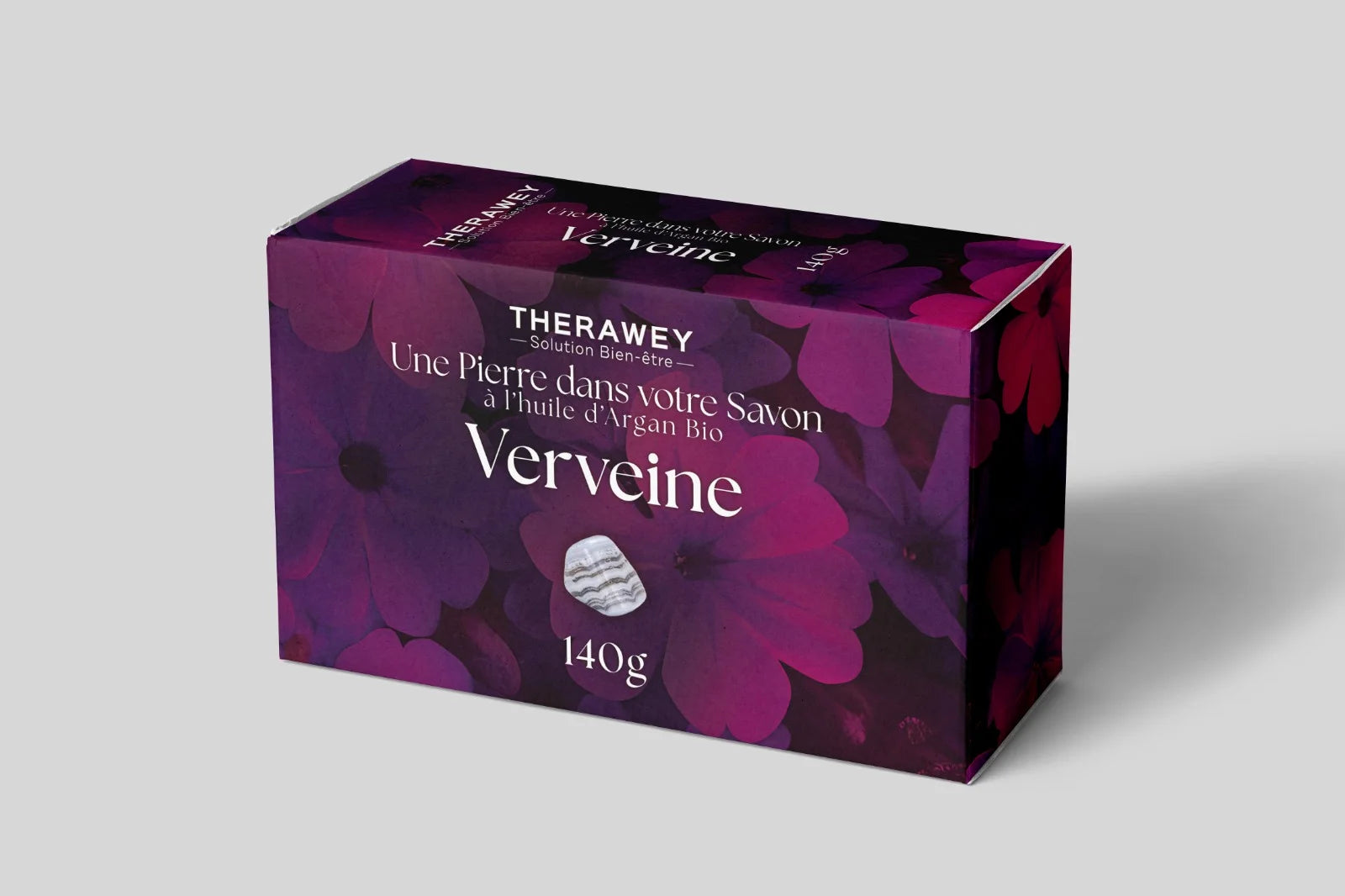 Savon bio verveine à l’huile d’argan avec pierre naturelle intégrée, 140 g, soin rafraîchissant et tonifiant pour la peau.