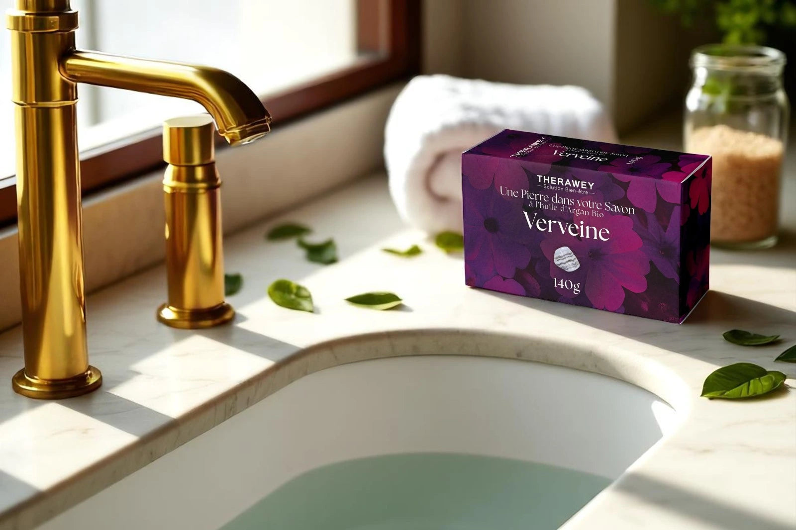 Savon artisanal verveine à l’huile d’argan bio avec pierre naturelle intégrée, 140 g, rafraîchissant et tonifiant pour une peau douce et revitalisée.