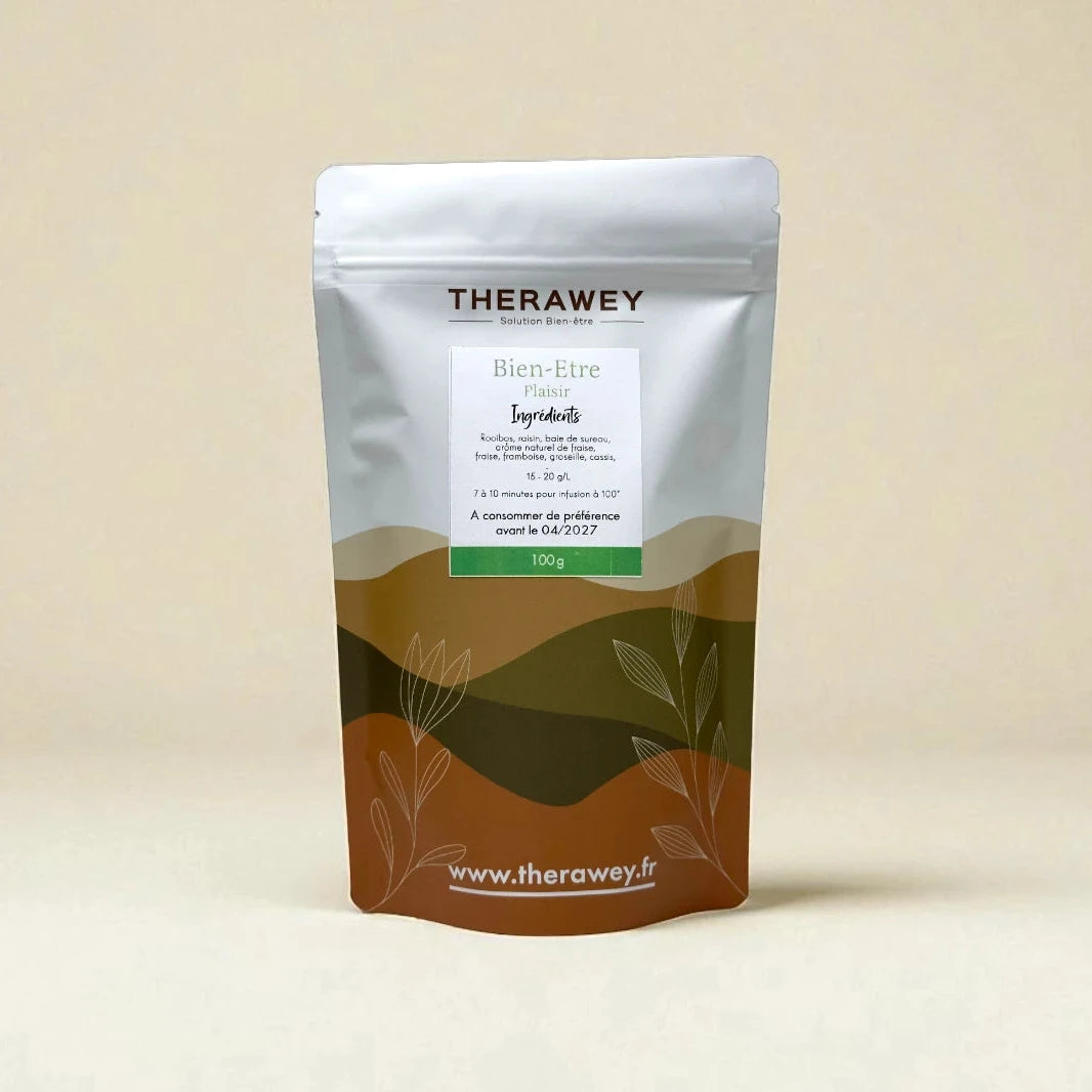 Thé Bien-Être Plaisir bio Therawey 100g, infusion rooibos et fruits rouges pour un moment détente et gourmand.