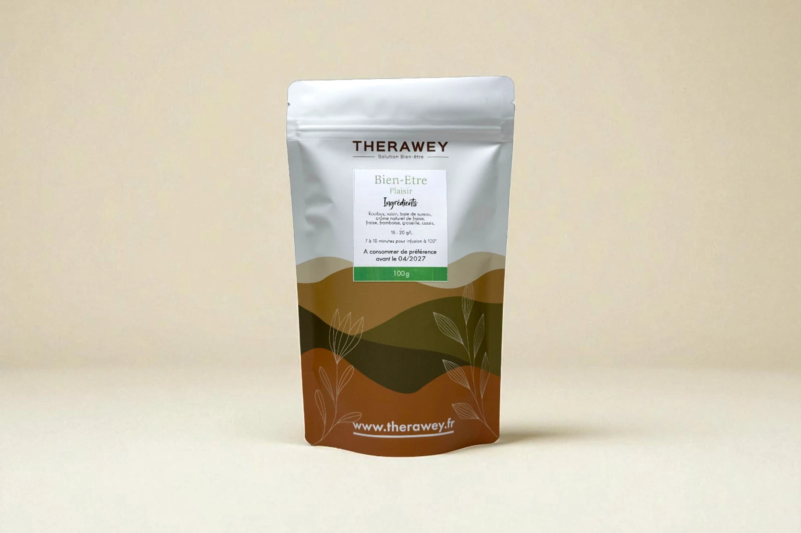 Thé Bien-Être Plaisir bio Therawey 100g, infusion rooibos et fruits rouges pour un moment détente et gourmand.