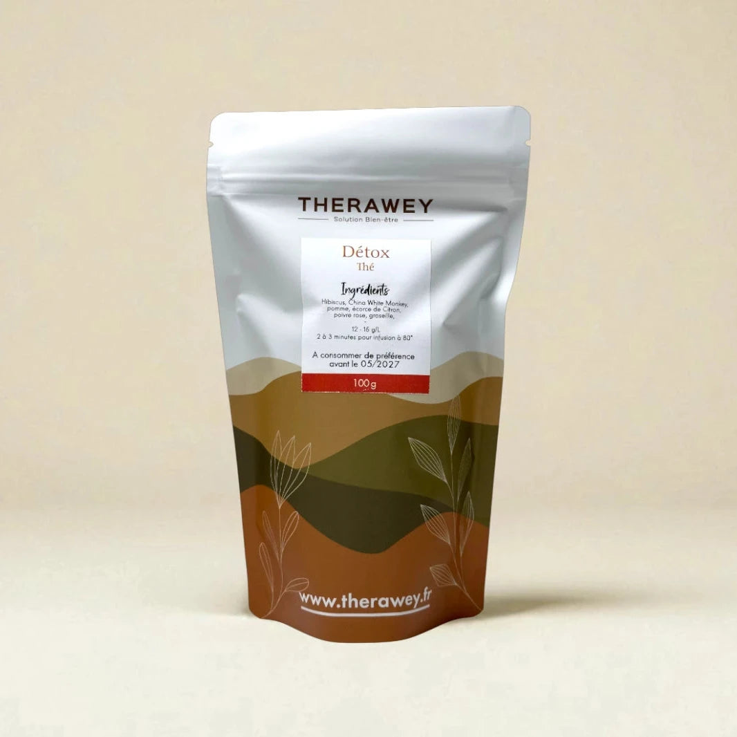 Thé détox bio Therawey 100g, infusion bien-être aux plantes naturelles, drainant et purifiant.