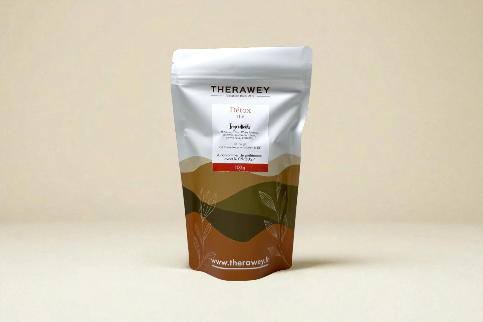 Thé détox bio Therawey 100g, infusion bien-être aux plantes naturelles, drainant et purifiant.