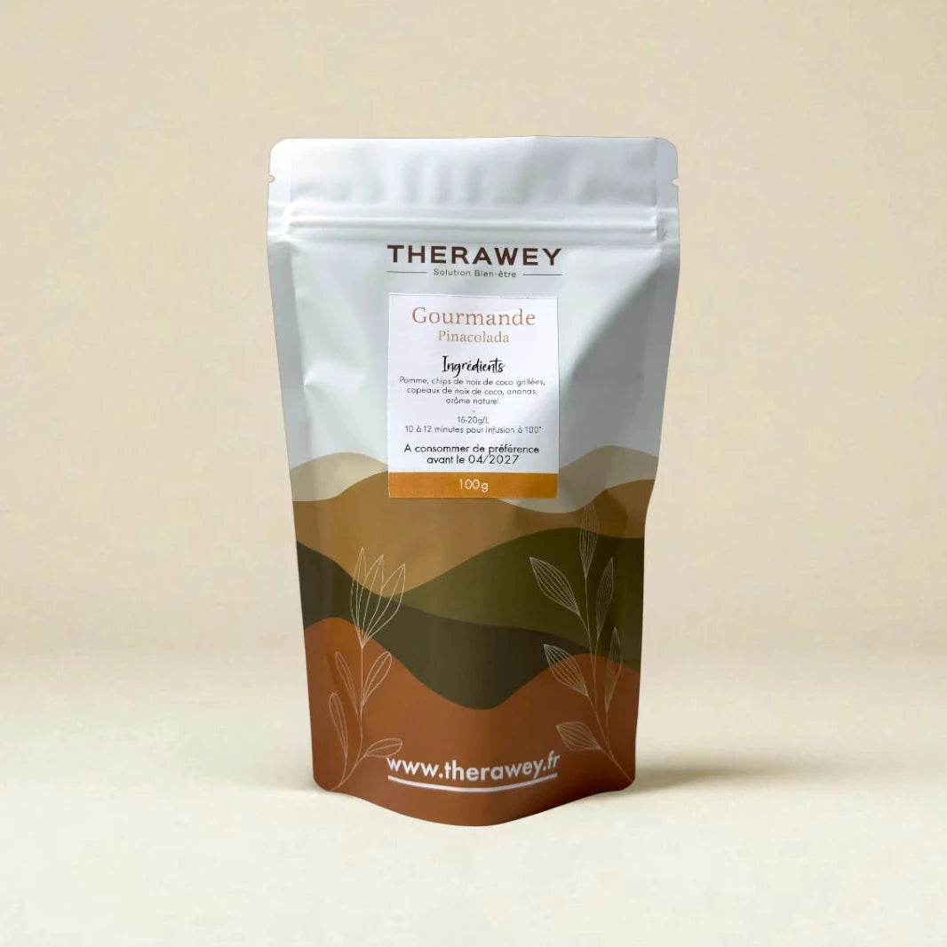 Thé Gourmande Piñacolada bio Therawey 100g, infusion exotique pomme, coco et ananas pour une pause savoureuse.