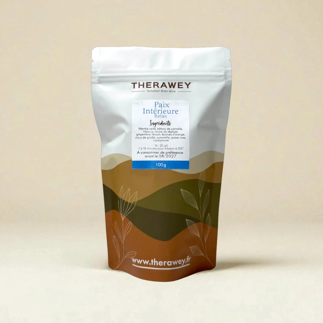 Thé Paix Intérieure Relax bio Therawey 100g, infusion relaxante à la menthe, cannelle, camomille et fleurs d’oranger.
