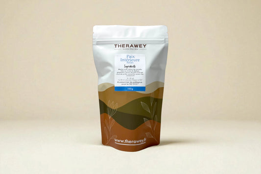 Thé Paix Intérieure Relax bio Therawey 100g, infusion relaxante à la menthe, cannelle, camomille et fleurs d’oranger.