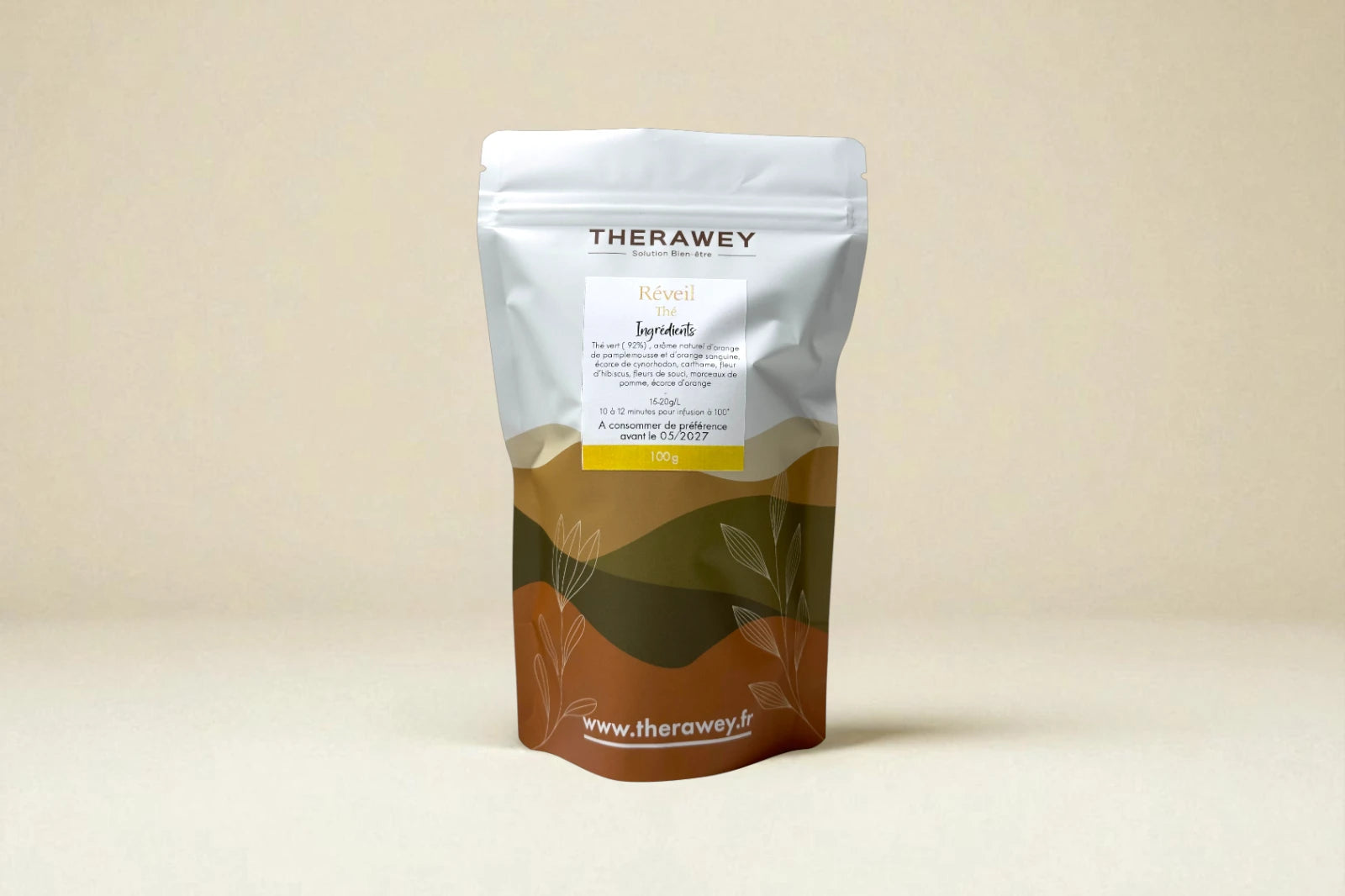 Thé Réveil bio Therawey 100g, infusion tonifiante au thé vert et agrumes, énergie et vitalité naturelle.