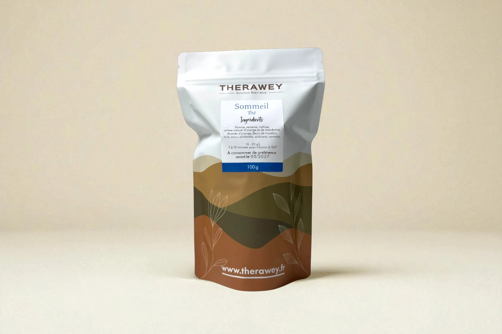 Thé Sommeil bio Therawey 100g, infusion apaisante pomme, verveine, réglisse et camomille pour favoriser l’endormissement.